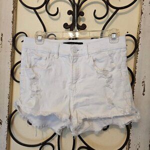 EXPRESS- Women`s white High Rise distressed SHORTIE Ripped Jean Shorts Size 4